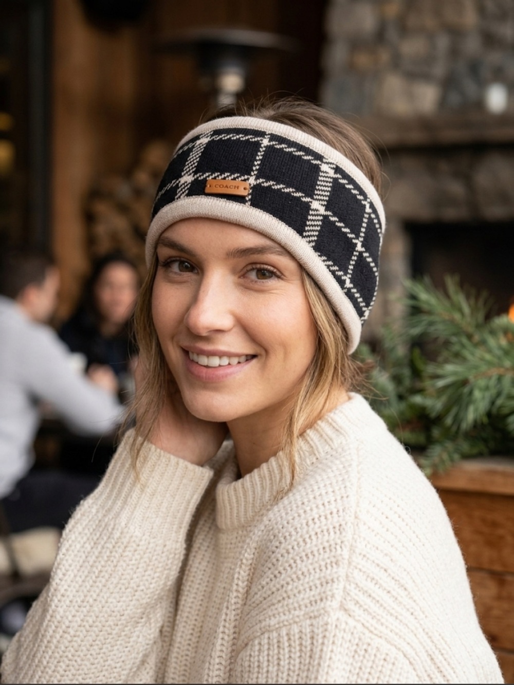Coach Black & Cream Plaid Knit Headwrap with Leather Logo Tab
